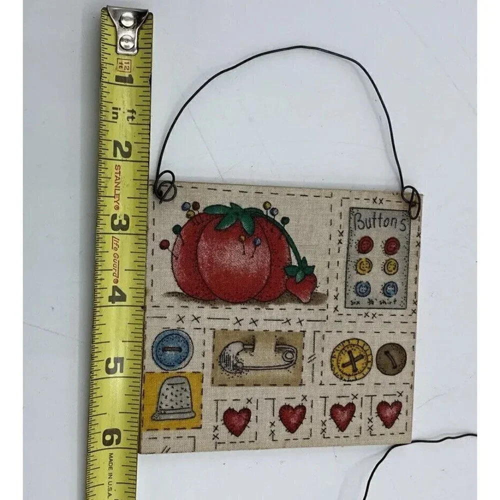 Sewing Room Wall Decor 4 to 5 Inch Square Buttons Hearts Thimble House Lot Of 2